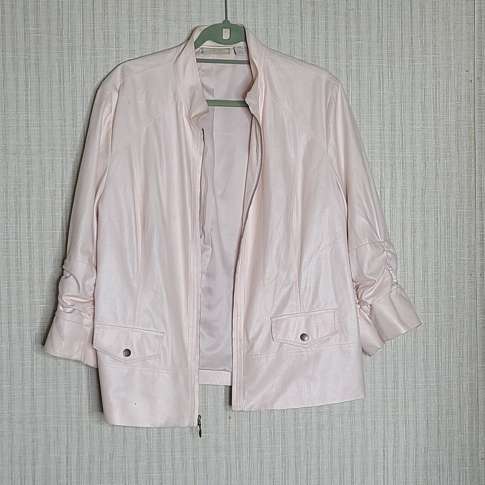 Chicos Pink Textured Faux Leather Moto Jacket Size 3 Ruched Sleeve